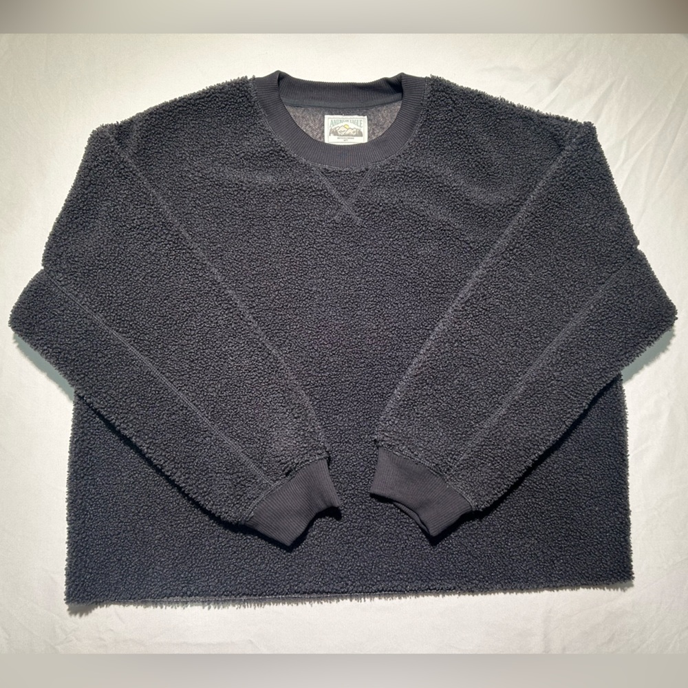 American Eagle Sweater Womens M Teddy Sherpa Crop Boxy Gray Crew Neck